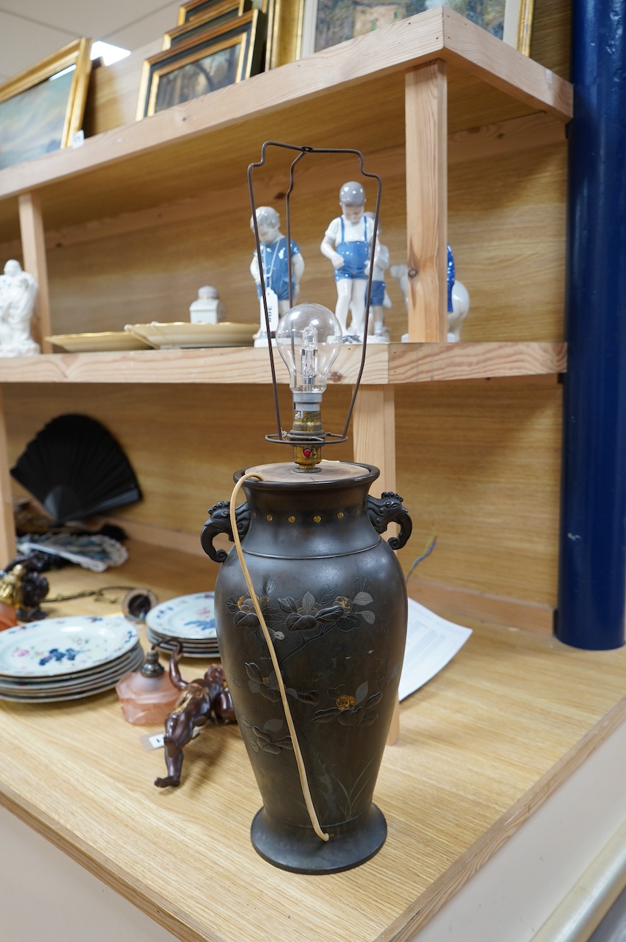 A Japanese bronze and precious metal overlaid vase, Meiji period fitted as a table lamp, 35.5cm high. Condition - drilled for cable, grubby otherwise good.